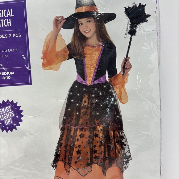 Magical Witch Costume Halloween Fancy Dress Size 8-10 Skirt Lights‎ Up W/Hat - Picture 3 of 6